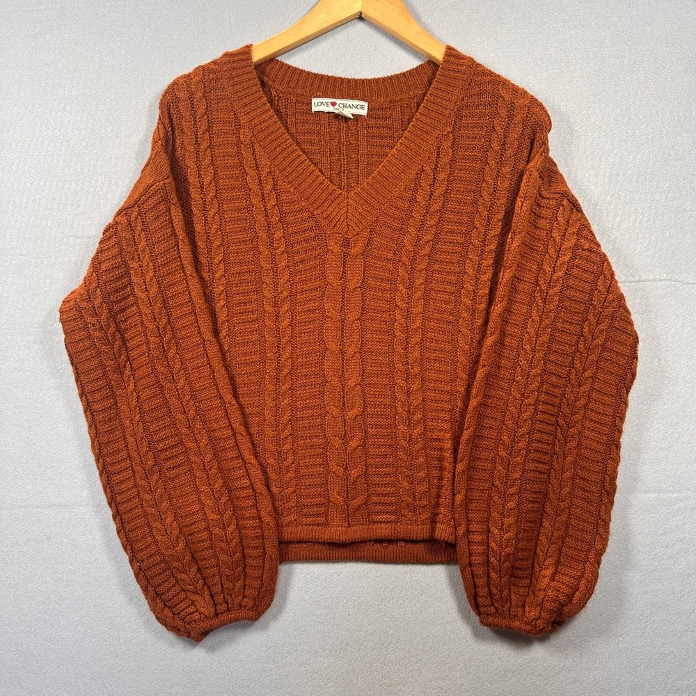 Chunky Rust Orange Cable Knit V-Neck Balloon Sleeve Sweater Boho Cottagecore M